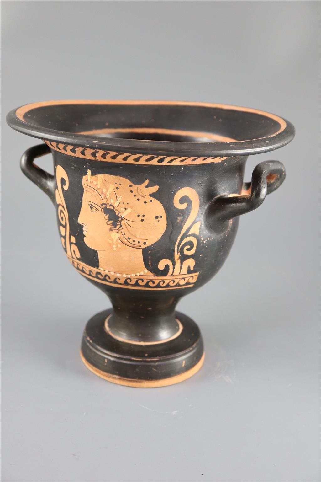 An Apulian red figure bell krater, Southern Italy c. 4th century BC, 21.5cm high, 22.5cm diameter